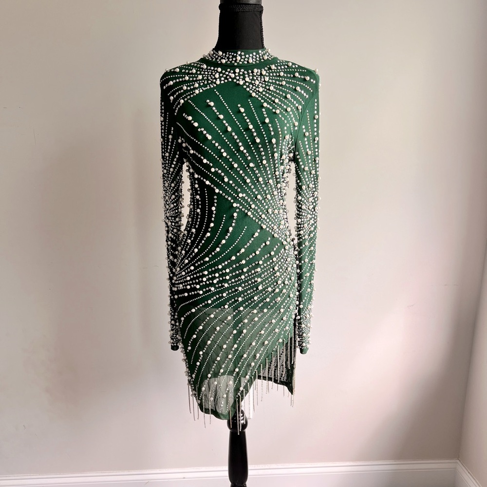 Hunter Green Long Sleeve Beaded Dress transparent party, clubbing dress